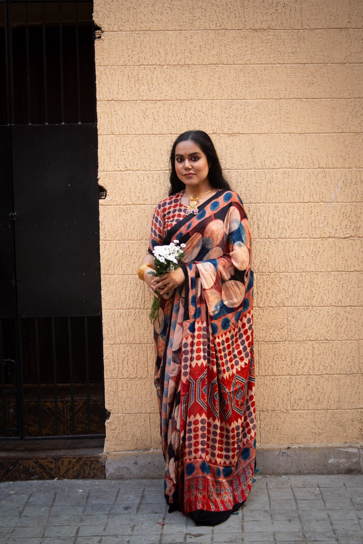 Polka Charm Hand Block Print on Modal Silk Saree with Ajrakh Pallu