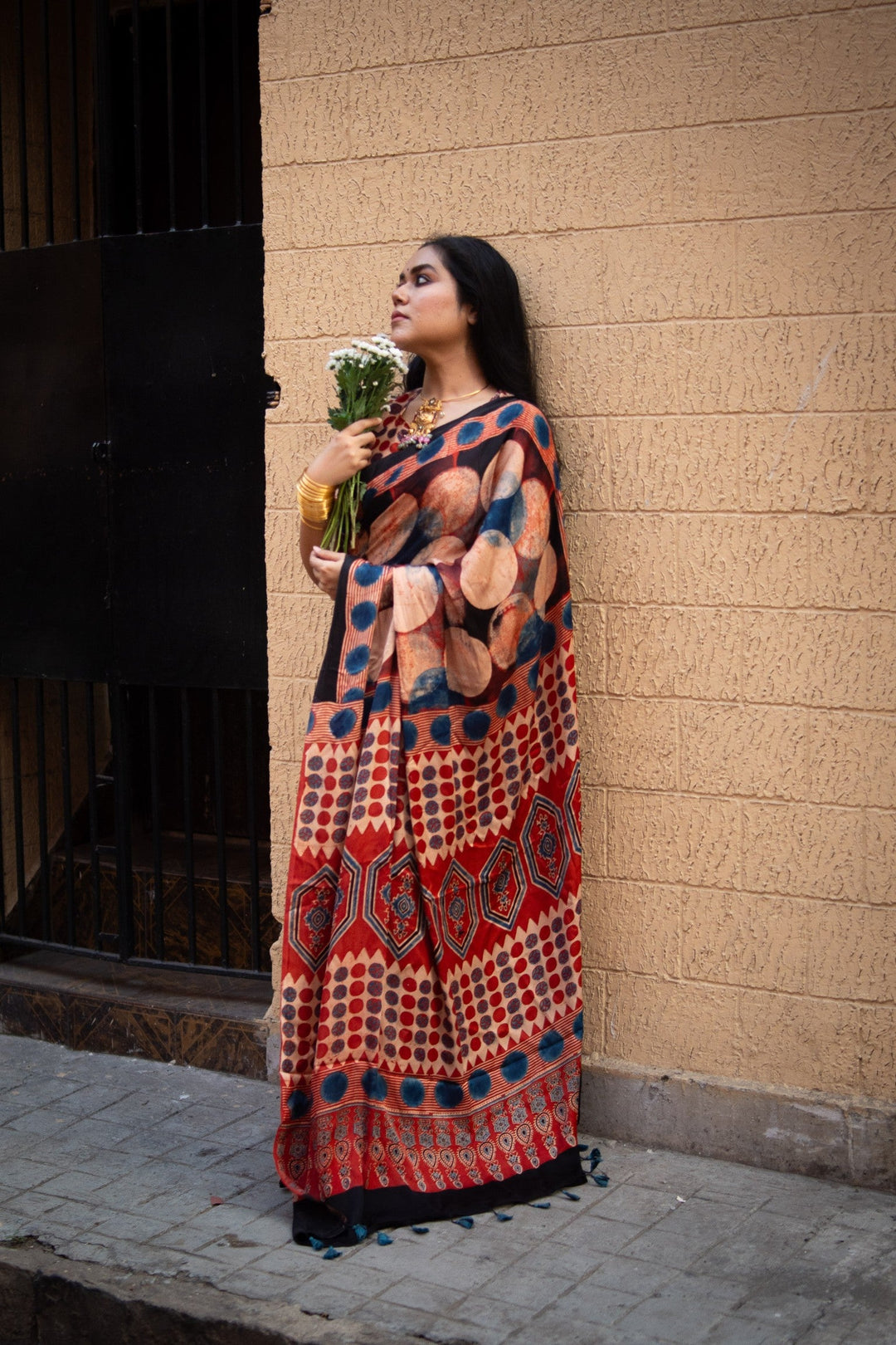 Polka Charm Hand Block Print on Modal Silk Saree with Ajrakh Pallu