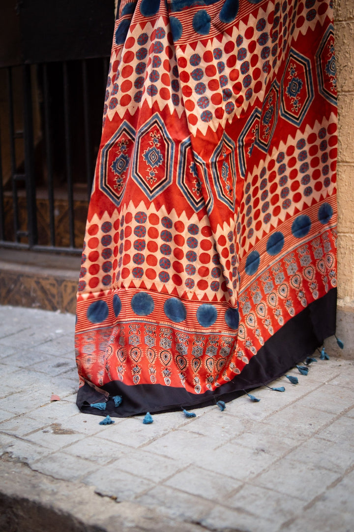 Polka Charm Hand Block Print on Modal Silk Saree with Ajrakh Pallu