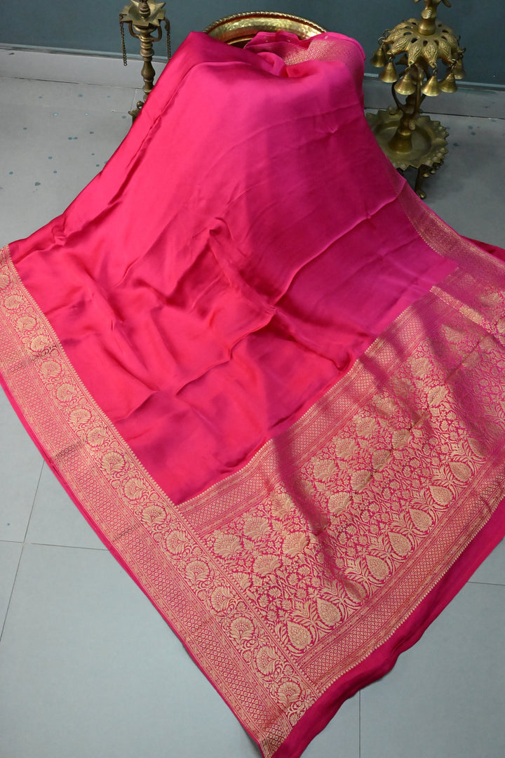 Shades Of Pink Vegan Viscose Silk Saree with Floral Zari Border | SHOBITAM