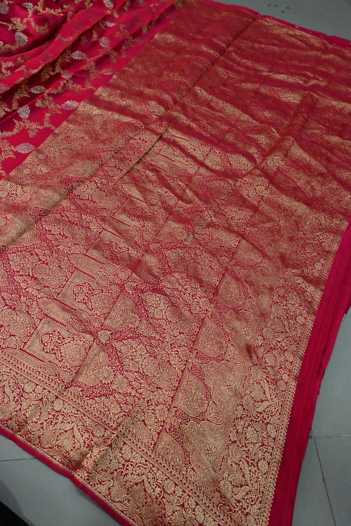 Rani Pink Vegan Viscose Silk Saree with Sona Rupa Floral Jaal Brocade and Zari Border | SHOBITAM