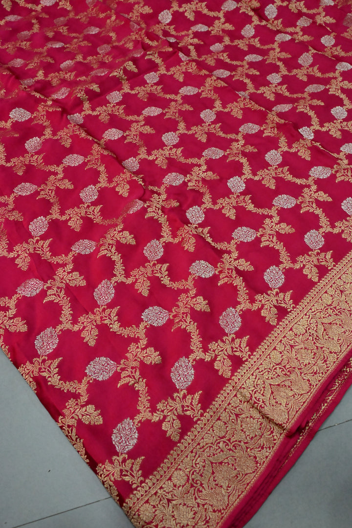 Rani Pink Vegan Viscose Silk Saree with Sona Rupa Floral Jaal Brocade and Zari Border | SHOBITAM