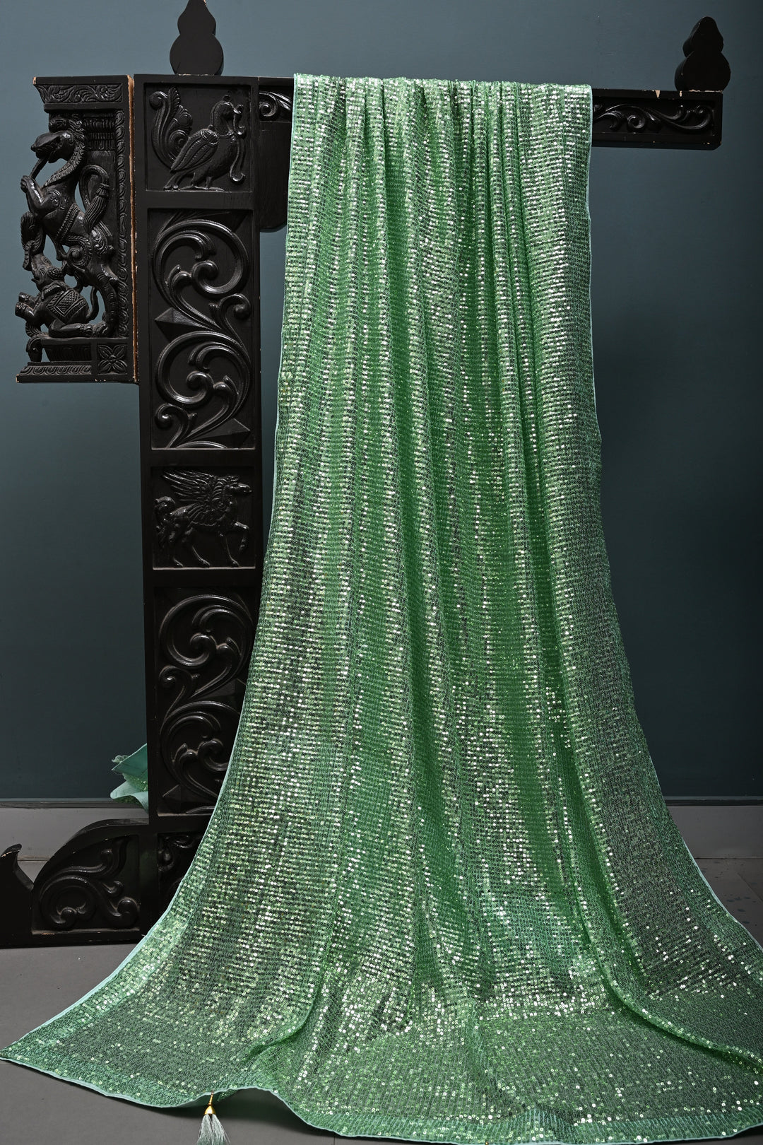 Pista Green Full Sequins Embellished on Net Partywear Saree | SHOBITAM