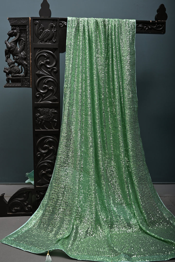 Pista Green Full Sequins Embellished on Net Partywear Saree | SHOBITAM