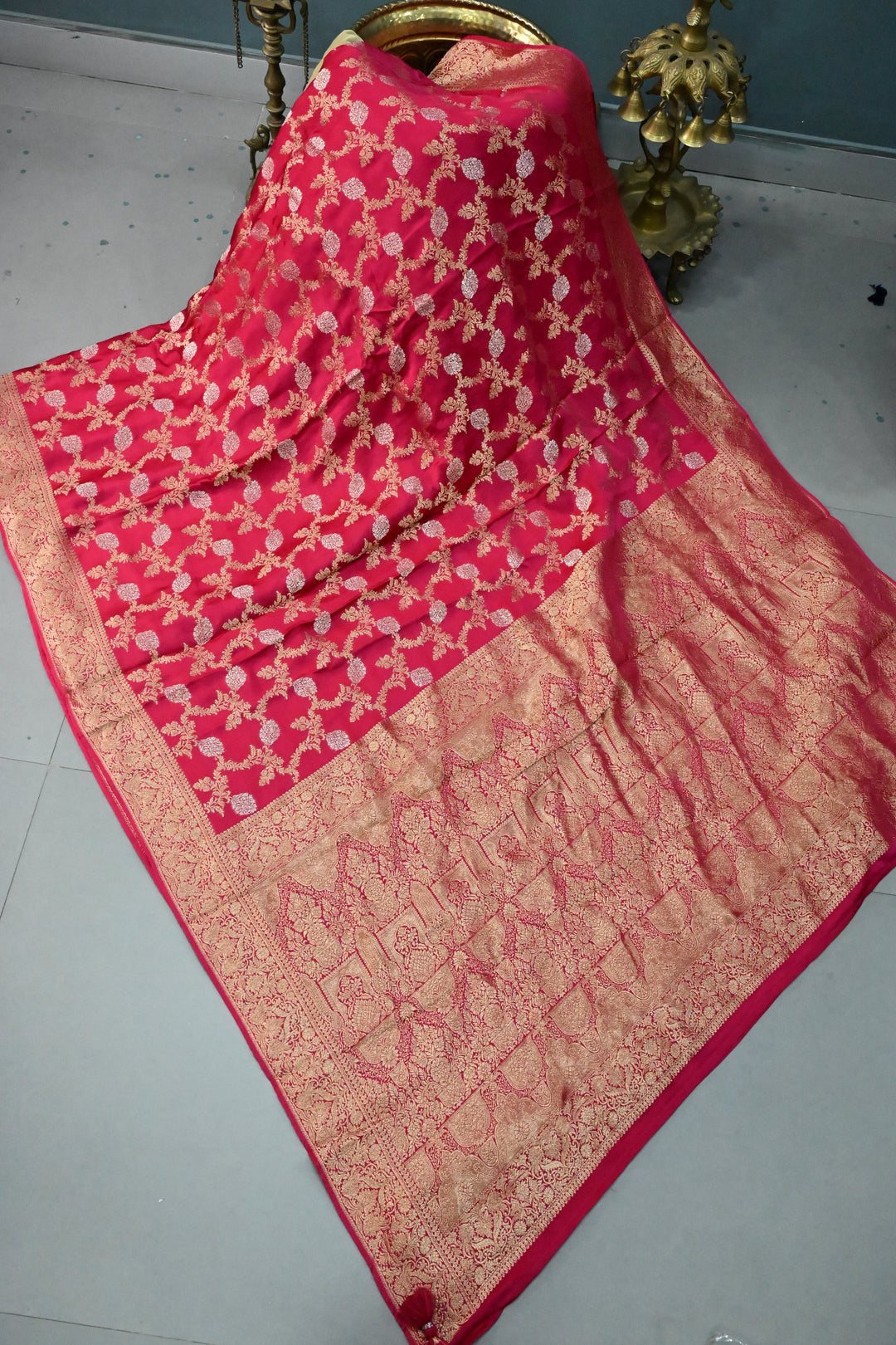 Rani Pink Vegan Viscose Silk Saree with Sona Rupa Floral Jaal Brocade and Zari Border | SHOBITAM