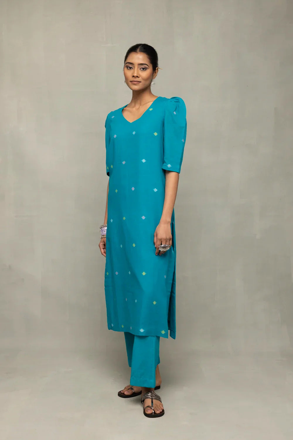 Teal Blue Yantra Motif Jamdani Co-Ord Set | SHOBITAM
