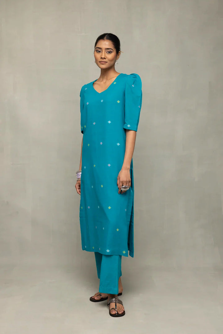 Teal Blue Yantra Motif Jamdani Co-Ord Set | SHOBITAM