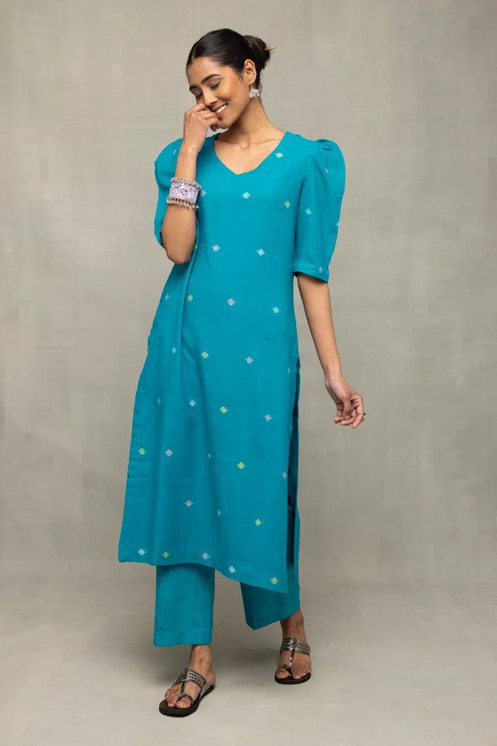 Teal Blue Yantra Motif Jamdani Co-Ord Set | SHOBITAM