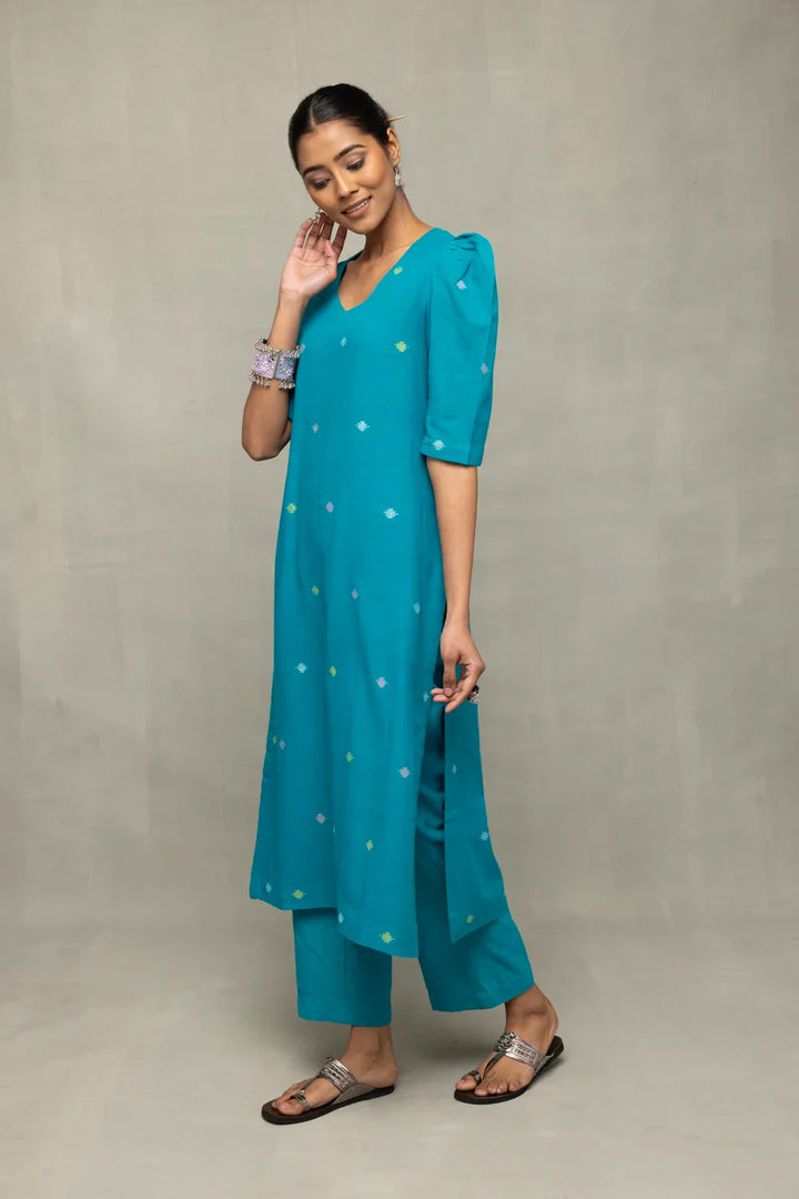 Teal Blue Yantra Motif Jamdani Co-Ord Set | SHOBITAM