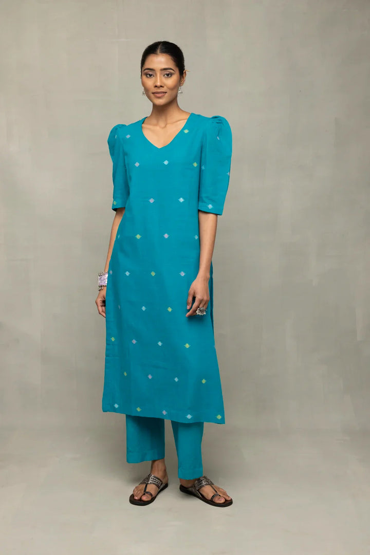 Teal Blue Yantra Motif Jamdani Co-Ord Set | SHOBITAM