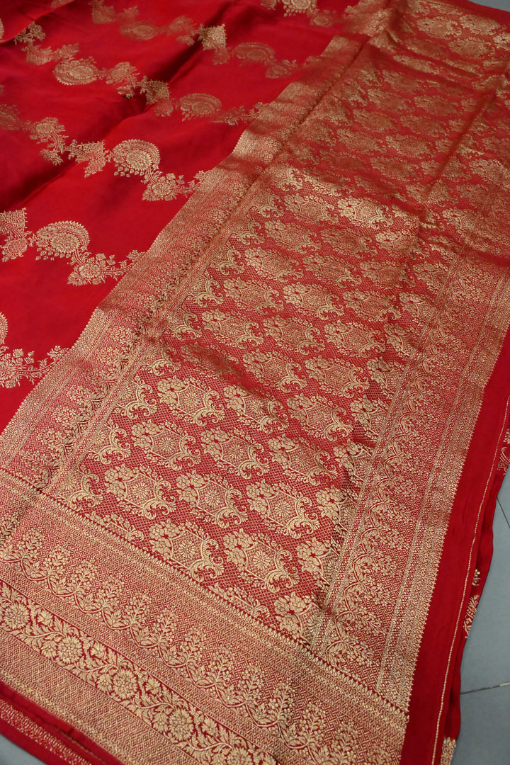 Blood Red Vegan Viscose Silk Saree with Scallop Design and Zari Border | SHOBITAM