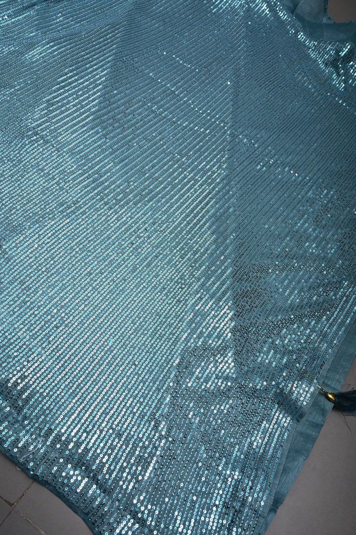 Cyan Full Sequins Embellished on Net Partywear Saree | SHOBITAM