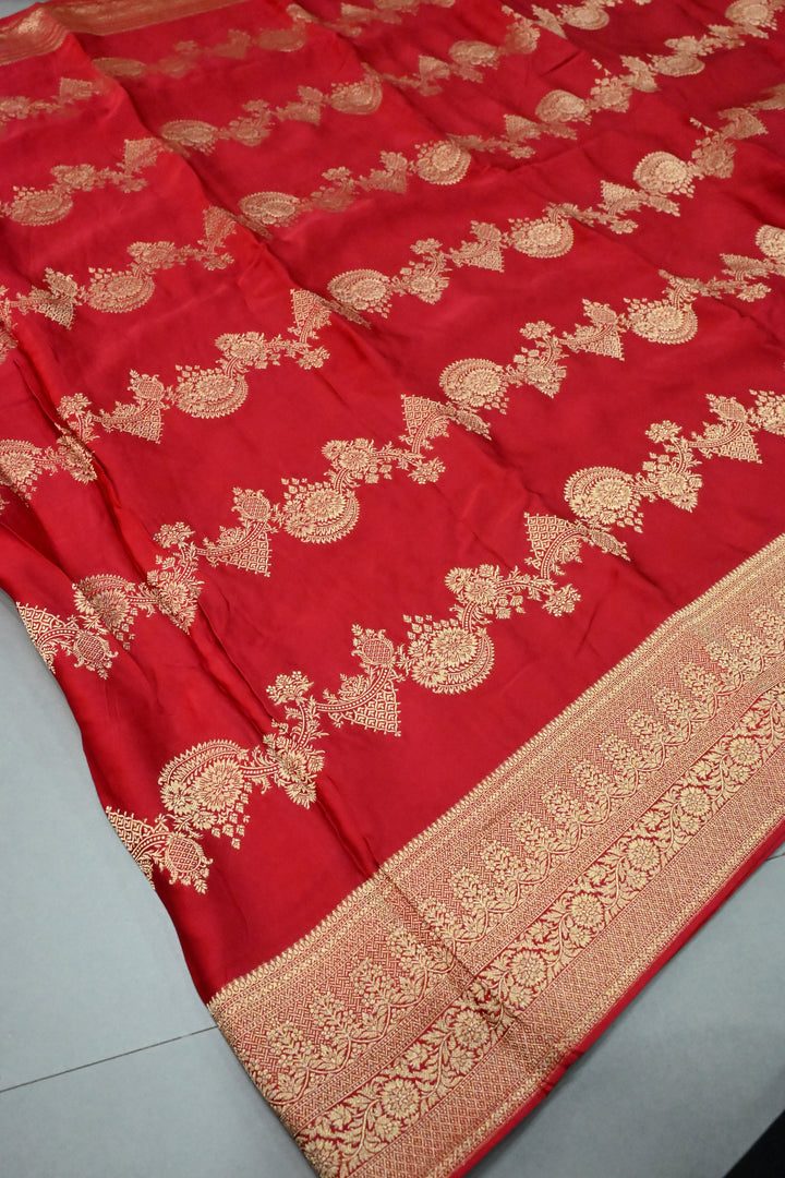 Blood Red Vegan Viscose Silk Saree with Scallop Design and Zari Border | SHOBITAM