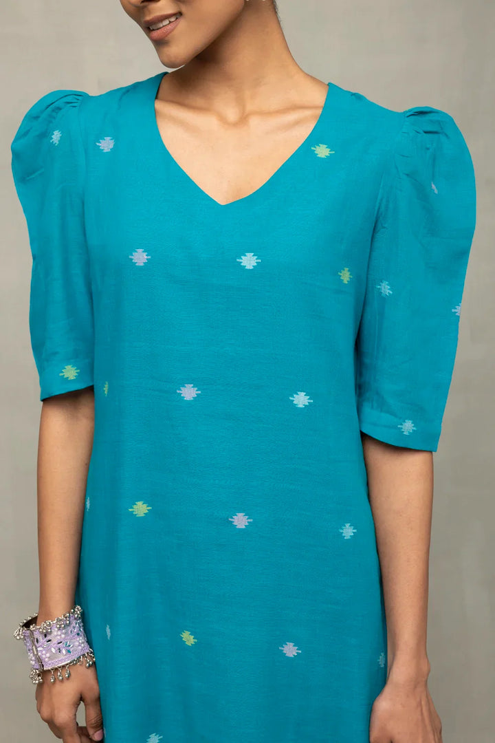 Teal Blue Yantra Motif Jamdani Co-Ord Set | SHOBITAM