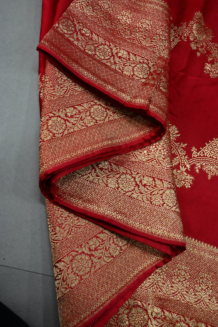 Blood Red Vegan Viscose Silk Saree with Scallop Design and Zari Border | SHOBITAM
