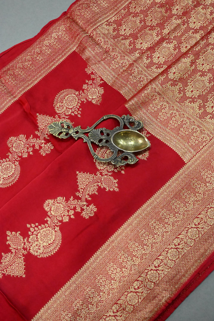 Blood Red Vegan Viscose Silk Saree with Scallop Design and Zari Border | SHOBITAM