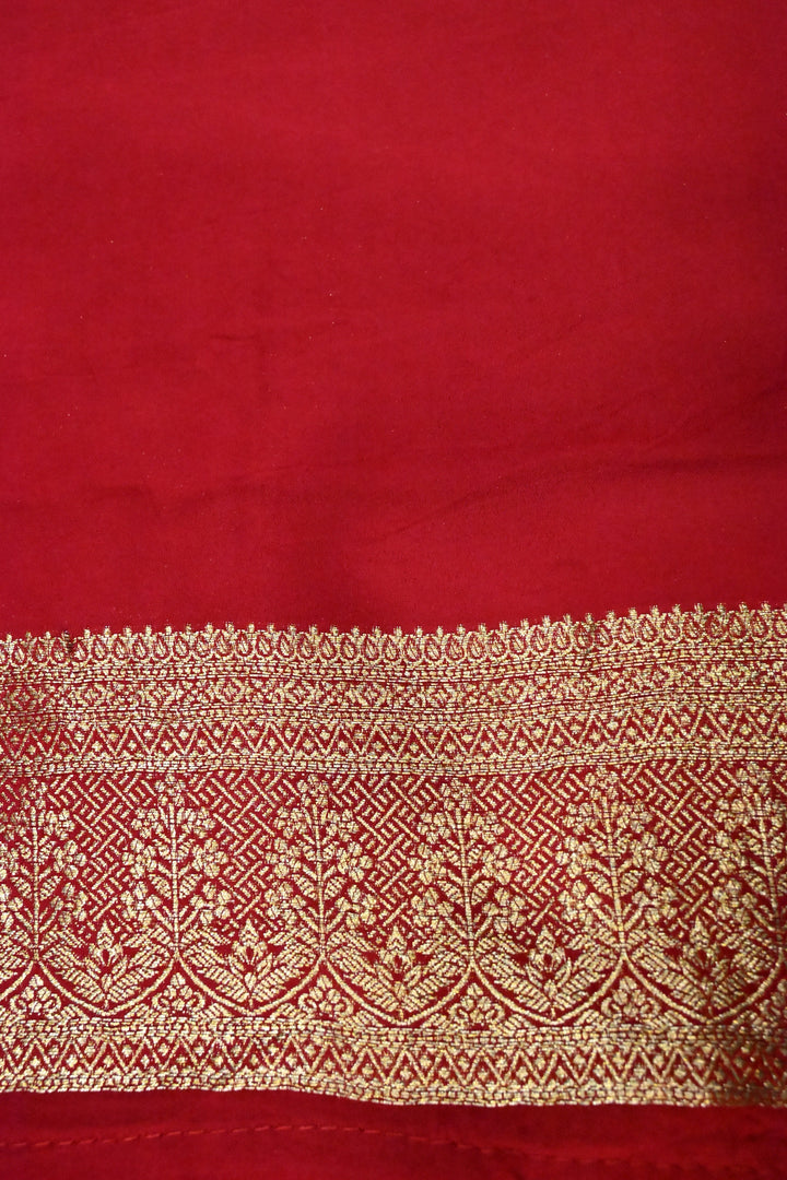 Blood Red Vegan Viscose Silk Saree with Scallop Design and Zari Border | SHOBITAM