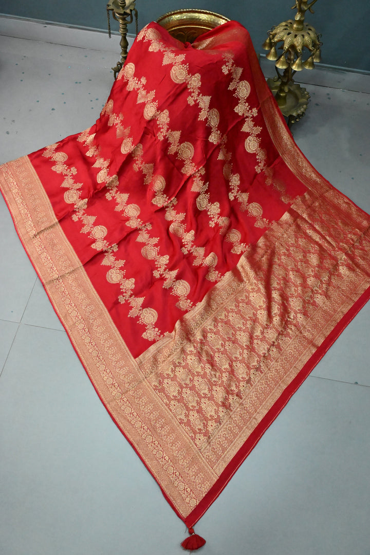 Blood Red Vegan Viscose Silk Saree with Scallop Design and Zari Border | SHOBITAM