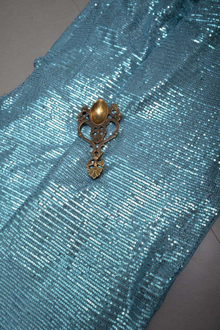 Cyan Full Sequins Embellished on Net Partywear Saree | SHOBITAM
