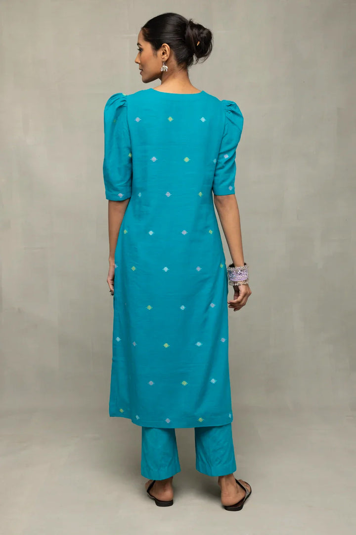 Teal Blue Yantra Motif Jamdani Co-Ord Set | SHOBITAM