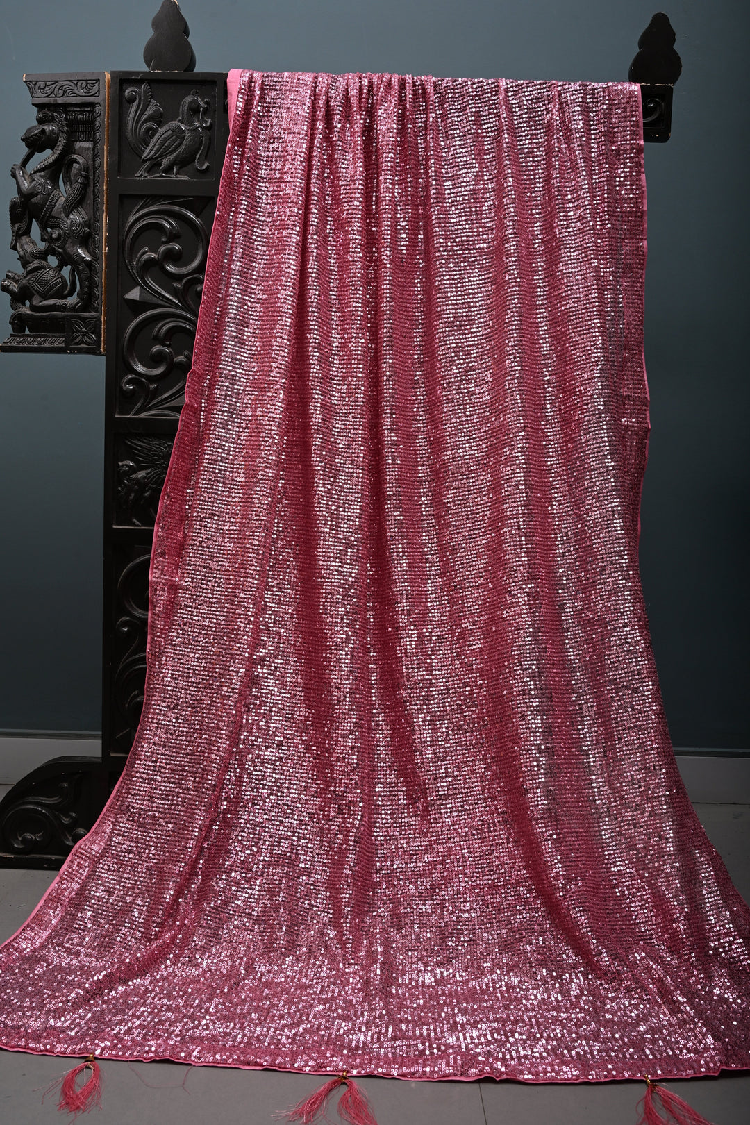Rose Pink Full Sequins Embellished on Net Partywear Saree | SHOBITAM