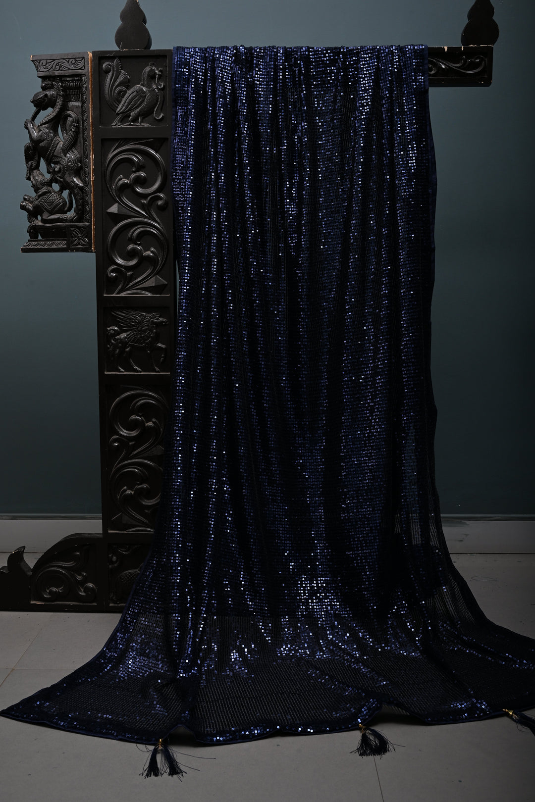 Midnight Blue Full Sequins Embellished on Net Partywear Saree | SHOBITAM