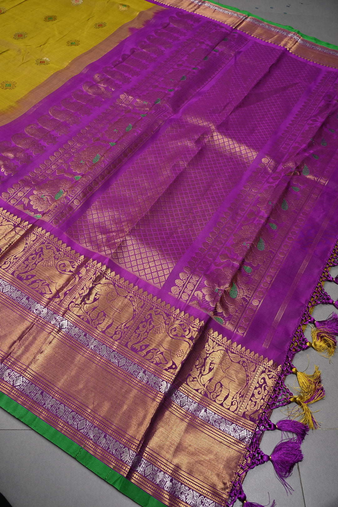 Henna Green Pure Gadwal Silk Saree with Meenakari Rangoli Zari Buttas and Contrast Wide Zari Border | SILK MARK CERTIFIED | SHOBITAM