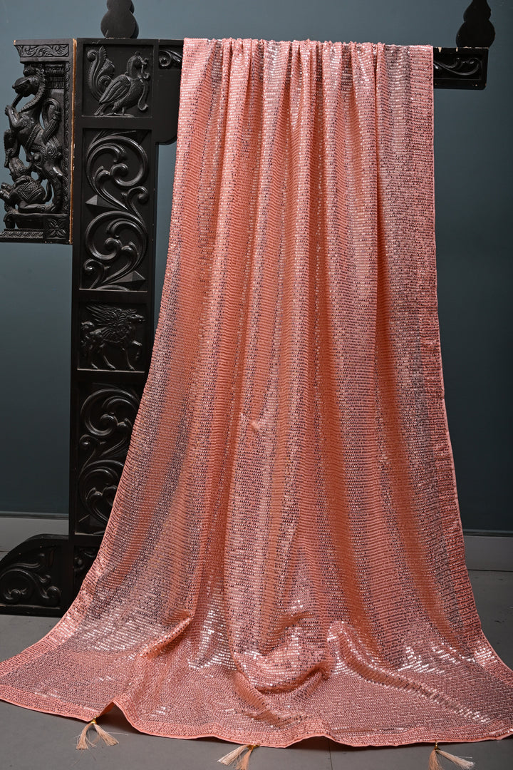 Peach Full Sequins Embellished on Net Partywear Saree | SHOBITAM