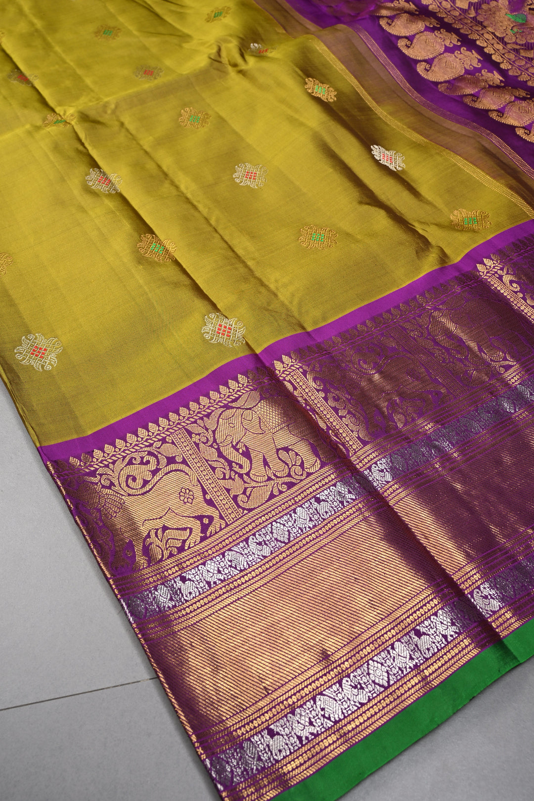 Henna Green Pure Gadwal Silk Saree with Meenakari Rangoli Zari Buttas and Contrast Wide Zari Border | SILK MARK CERTIFIED | SHOBITAM