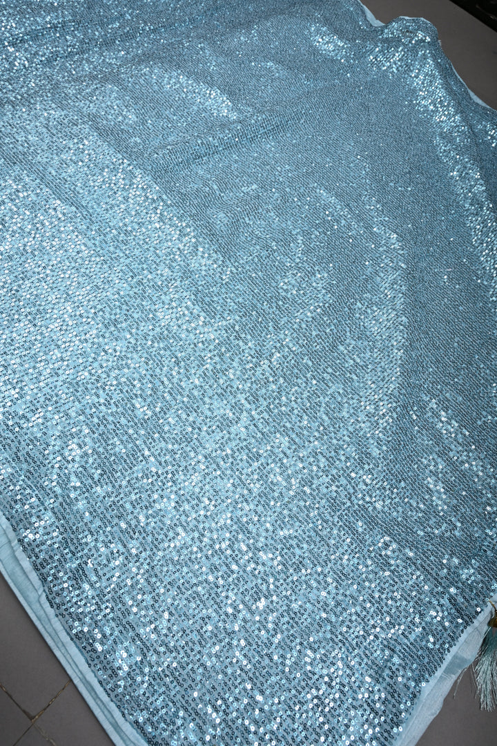 Aqua Blue Full Sequins Embellished on Net Partywear Saree | SHOBITAM