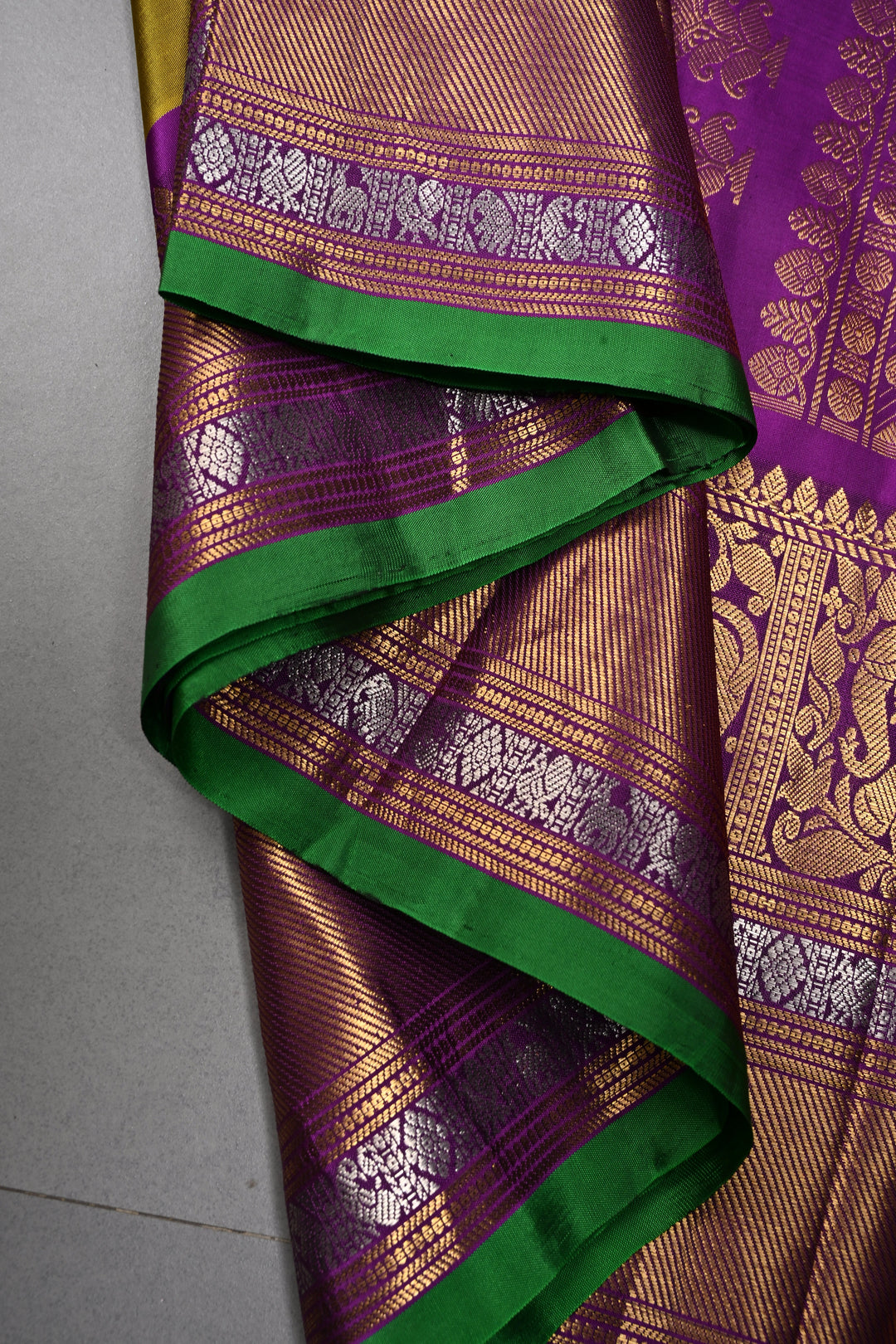 Henna Green Pure Gadwal Silk Saree with Meenakari Rangoli Zari Buttas and Contrast Wide Zari Border | SILK MARK CERTIFIED | SHOBITAM