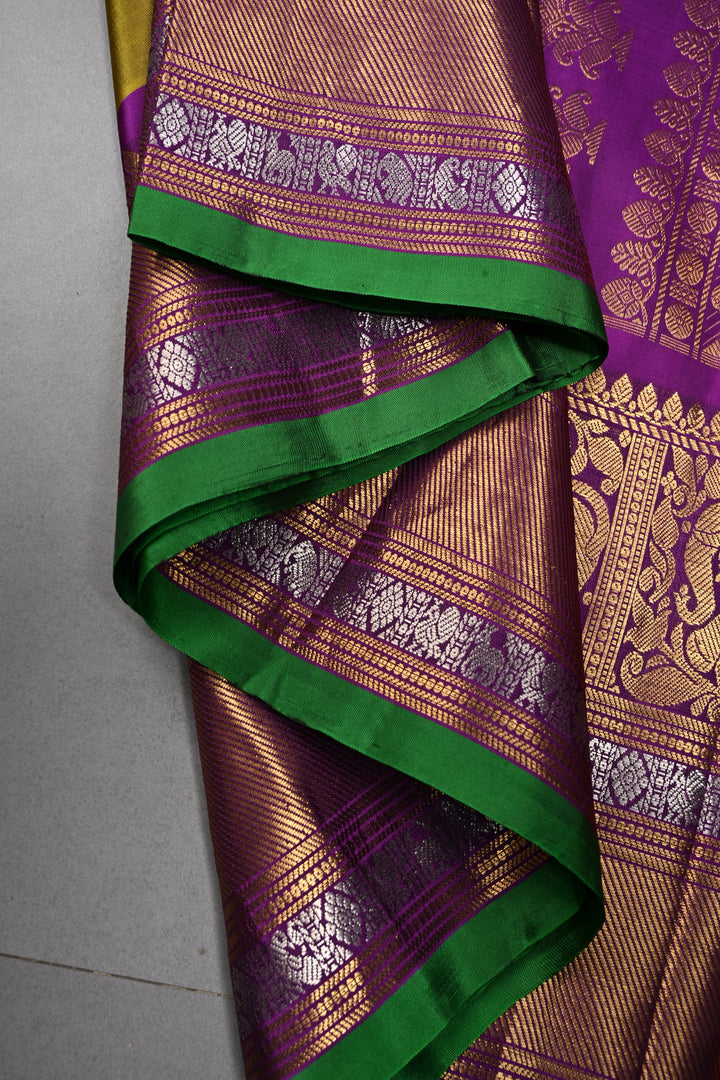 Henna Green Pure Gadwal Silk Saree with Meenakari Rangoli Zari Buttas and Contrast Wide Zari Border | SILK MARK CERTIFIED | SHOBITAM