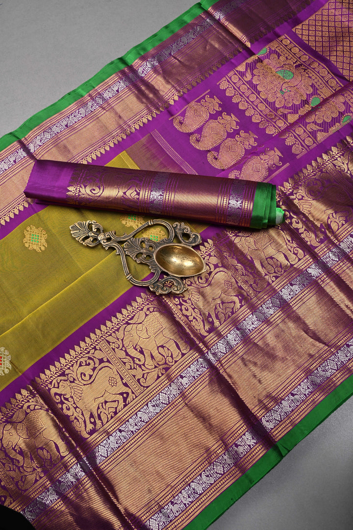 Henna Green Pure Gadwal Silk Saree with Meenakari Rangoli Zari Buttas and Contrast Wide Zari Border | SILK MARK CERTIFIED | SHOBITAM