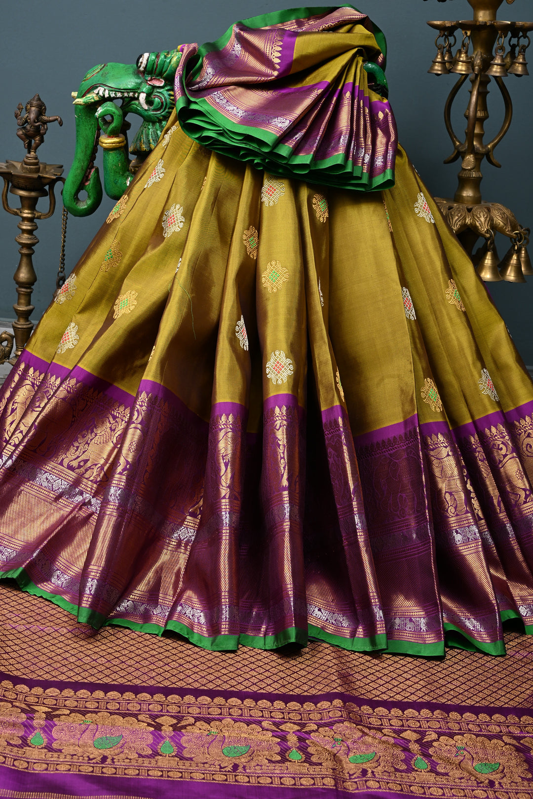 Henna Green Pure Gadwal Silk Saree with Meenakari Rangoli Zari Buttas and Contrast Wide Zari Border | SILK MARK CERTIFIED | SHOBITAM