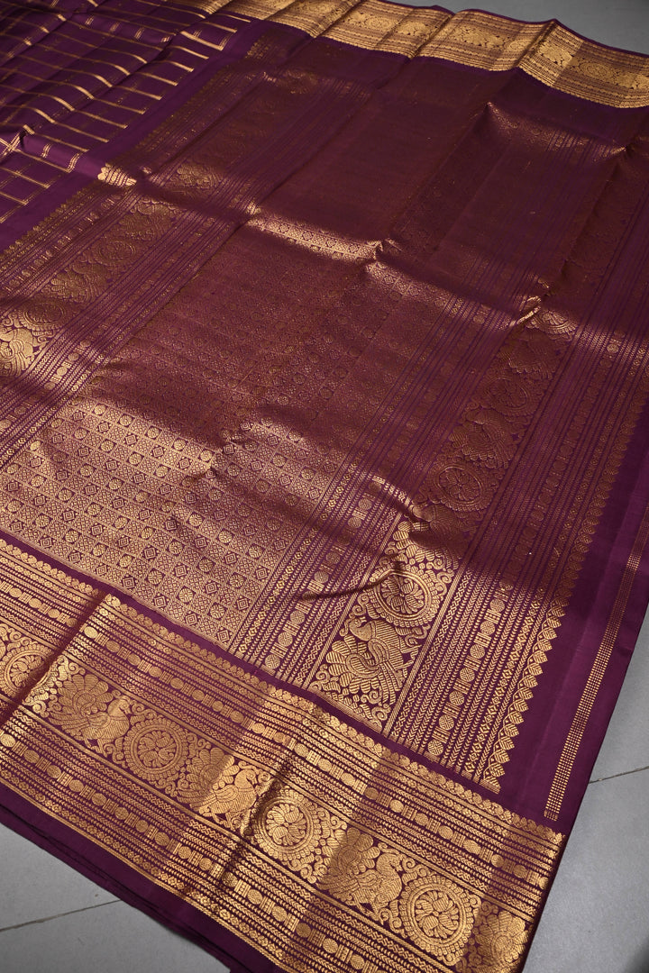 Plum Zari Checks on Gadwal Silk Saree with Zari Border | SILK MARK CERTIFIED | SHOBITAM