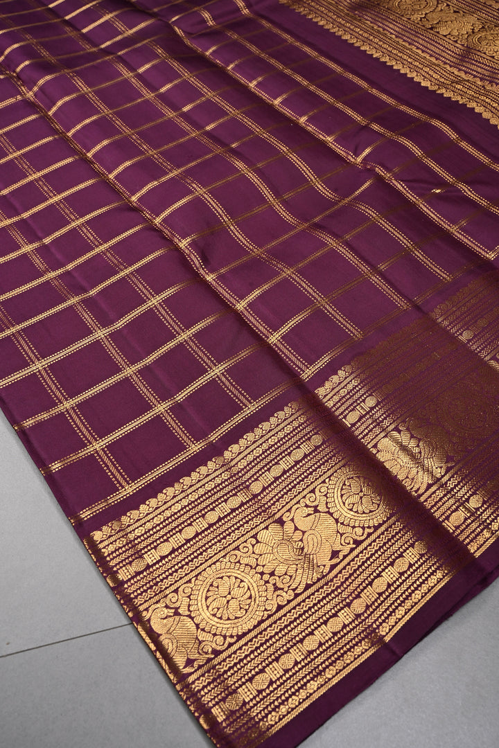 Plum Zari Checks on Gadwal Silk Saree with Zari Border | SILK MARK CERTIFIED | SHOBITAM