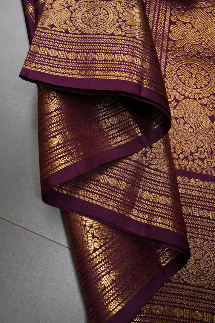 Plum Zari Checks on Gadwal Silk Saree with Zari Border | SILK MARK CERTIFIED | SHOBITAM