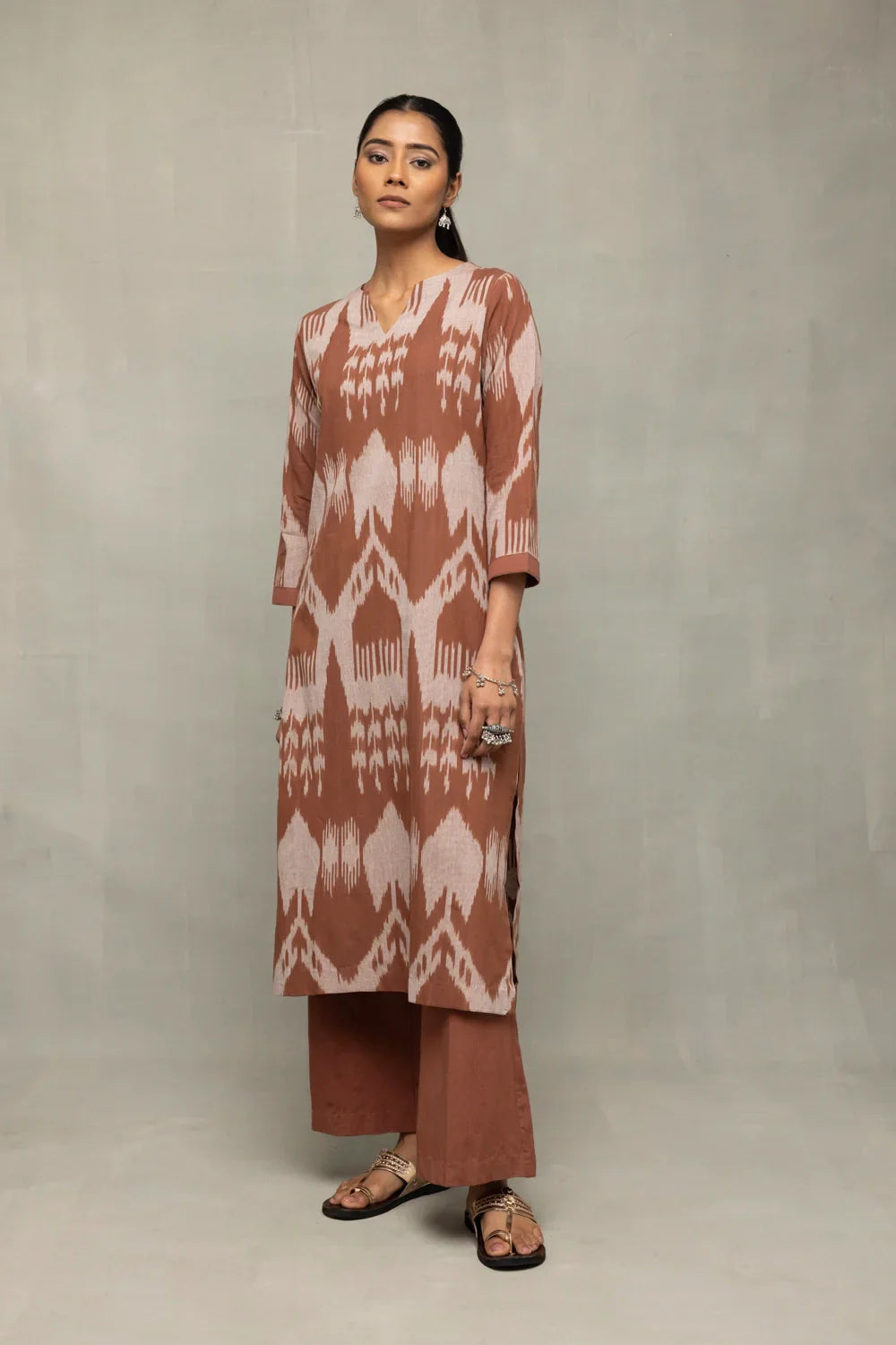 Handloom Chocolate Brown Absract Ikkat Co-ord Set | SHOBITAM