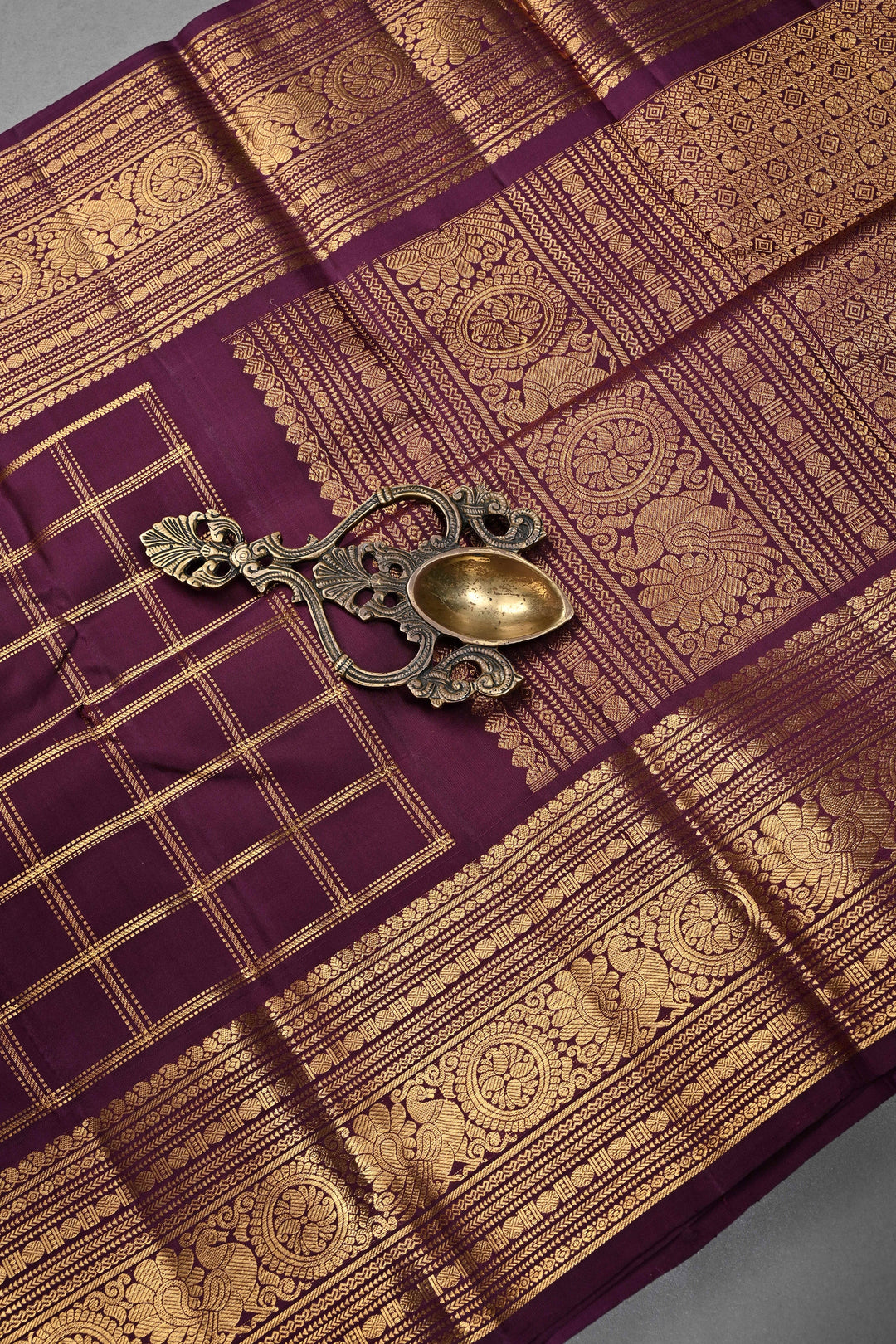 Plum Zari Checks on Gadwal Silk Saree with Zari Border | SILK MARK CERTIFIED | SHOBITAM