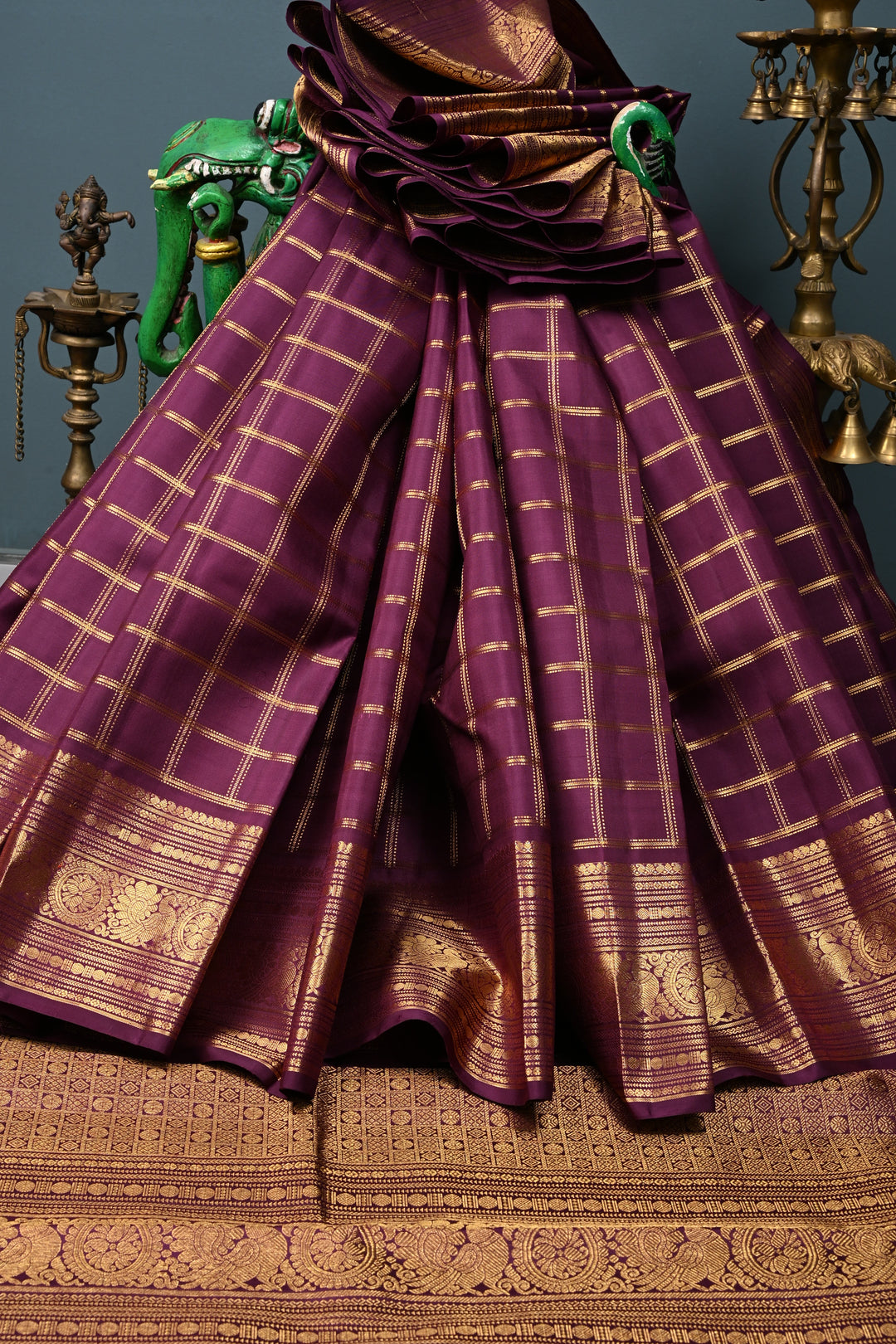 Plum Zari Checks on Gadwal Silk Saree with Zari Border | SILK MARK CERTIFIED | SHOBITAM