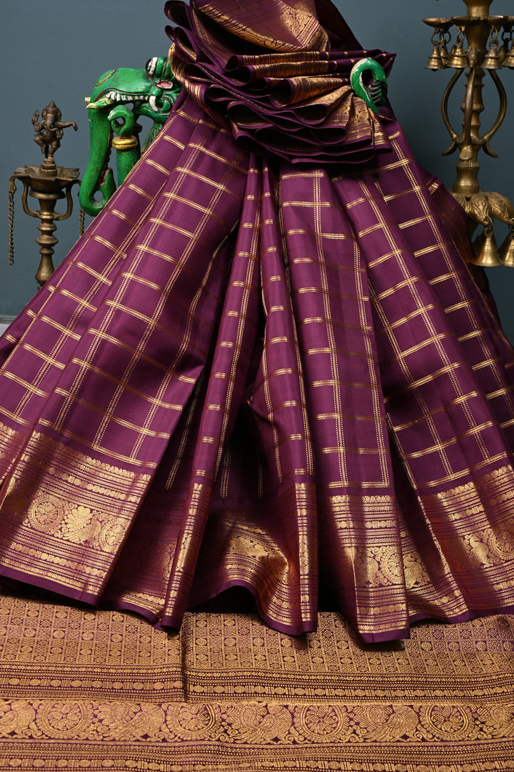 Plum Zari Checks on Gadwal Silk Saree with Zari Border | SILK MARK CERTIFIED | SHOBITAM