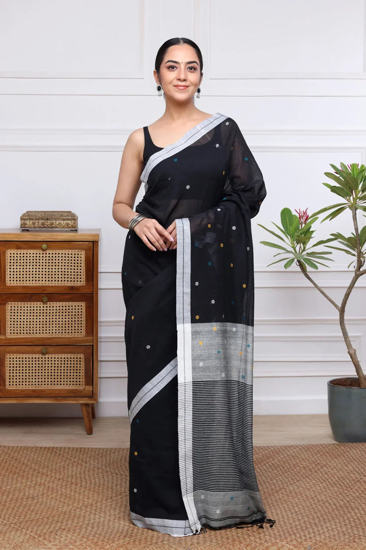 Handloom Black Polka Dot Pure Cotton Jamdani Saree | SHOBITAM