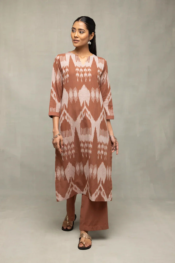 Handloom Chocolate Brown Absract Ikkat Co-ord Set | SHOBITAM