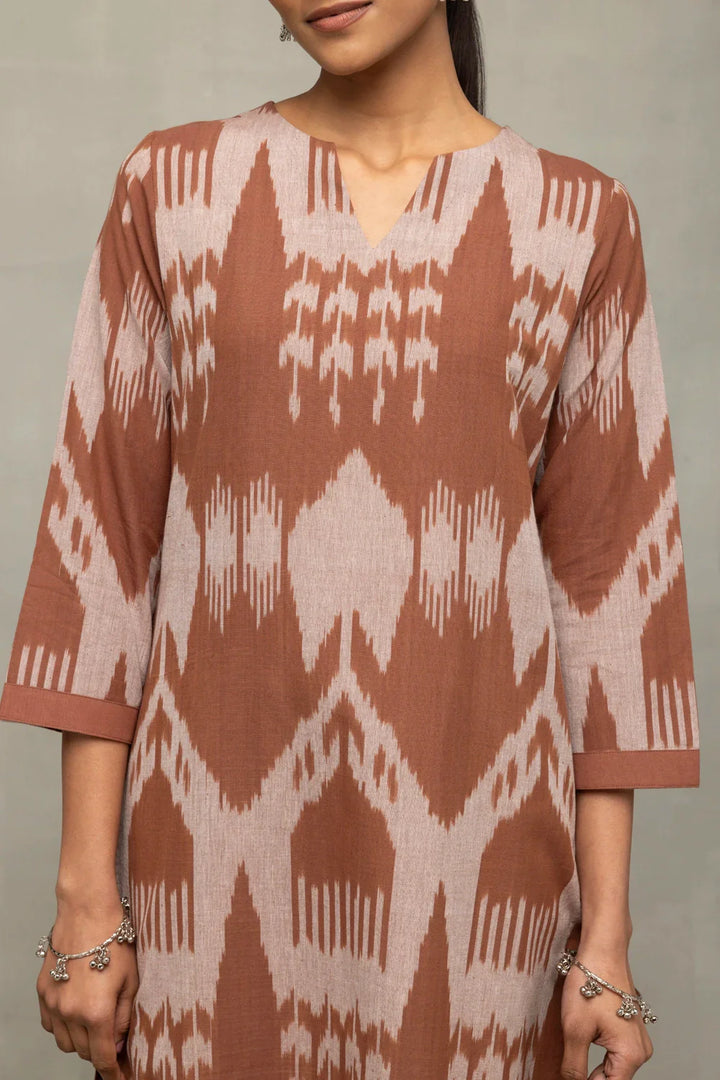 Handloom Chocolate Brown Absract Ikkat Co-ord Set | SHOBITAM