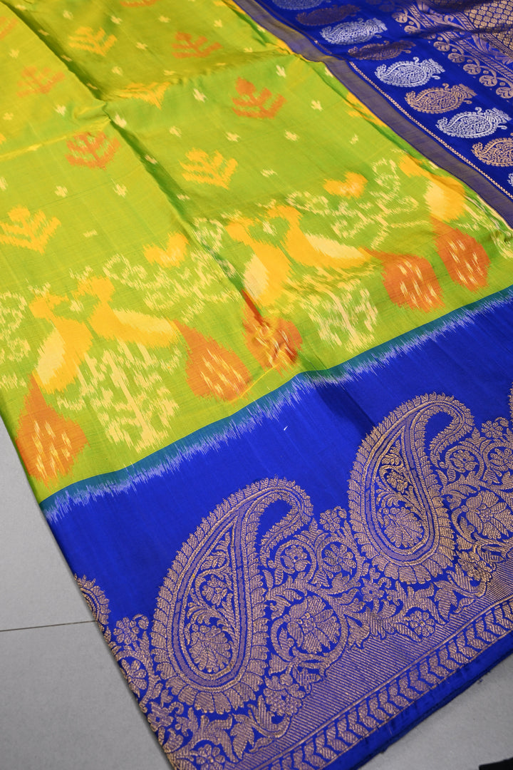 Parrot Green Jugalbandi Ikkat Gadwal Silk Saree with Birds Design and Contrast Paisley Zari Border | SILK MARK CERTIFIED | SHOBITAM