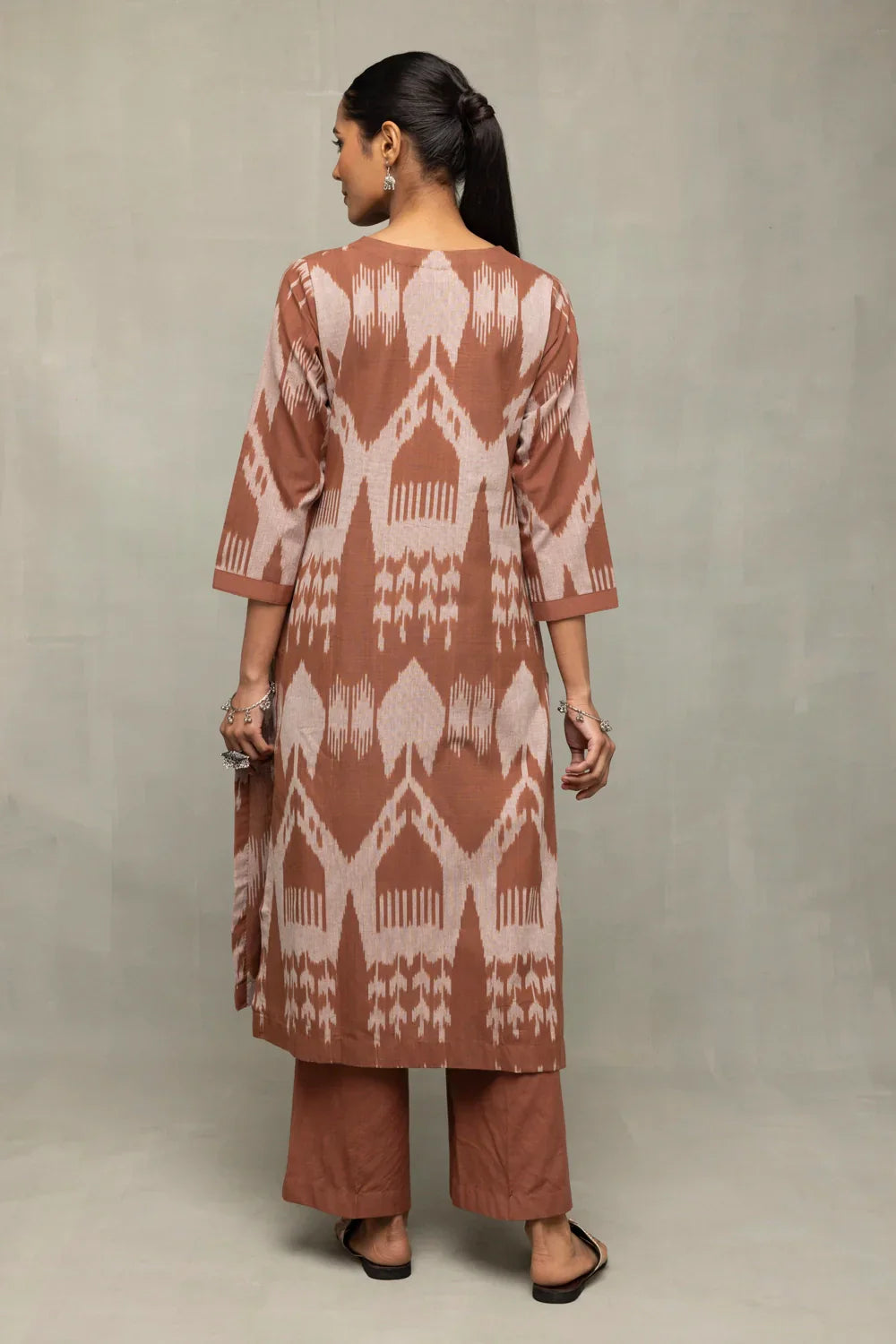 Handloom Chocolate Brown Absract Ikkat Co-ord Set | SHOBITAM