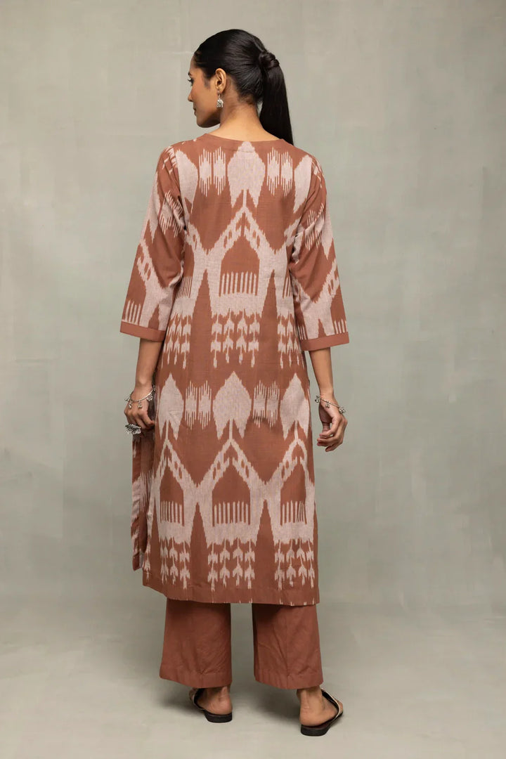 Handloom Chocolate Brown Absract Ikkat Co-ord Set | SHOBITAM