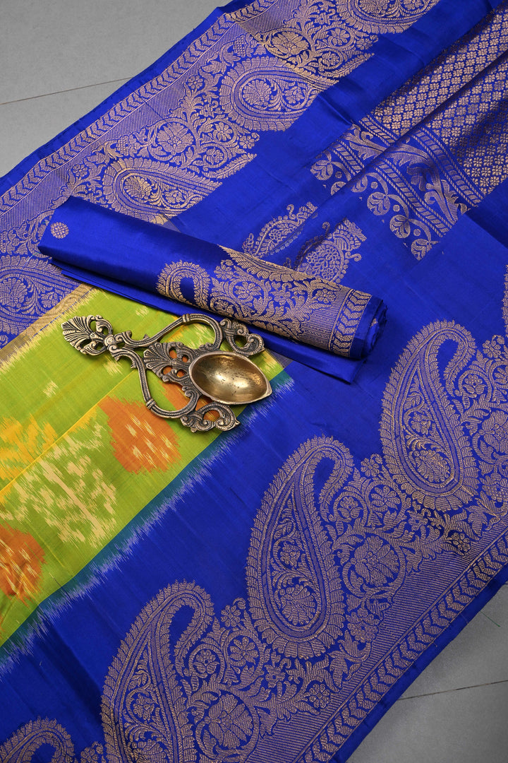 Parrot Green Jugalbandi Ikkat Gadwal Silk Saree with Birds Design and Contrast Paisley Zari Border | SILK MARK CERTIFIED | SHOBITAM