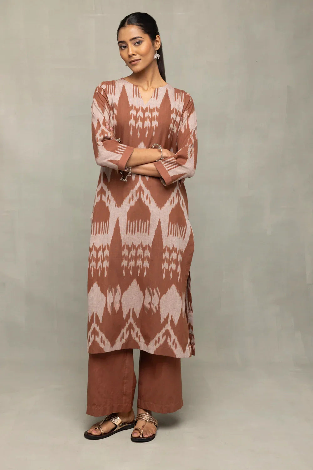 Handloom Chocolate Brown Absract Ikkat Co-ord Set | SHOBITAM
