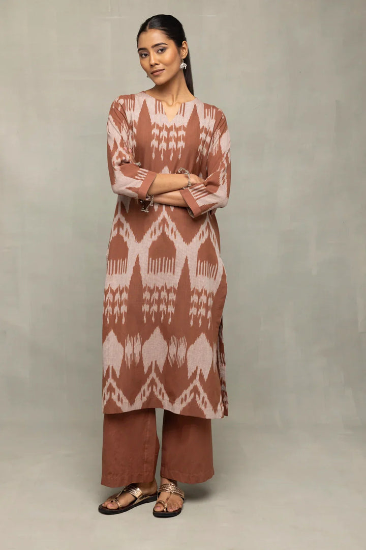Handloom Chocolate Brown Absract Ikkat Co-ord Set | SHOBITAM